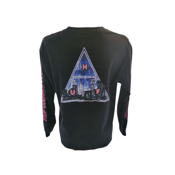 Huf Worldwide Long Sleeve Black‎ Tee Pink Graphics triangles Y2K Retro - Picture 1 of 7